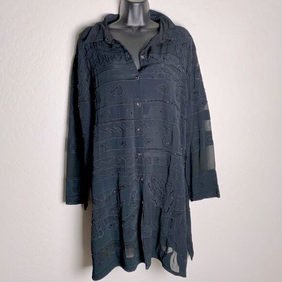 VTG Chico’s Black Beaded Oversized button Up Tunic Swim Cover Up Split Hem 3 XL - Picture 1 of 16